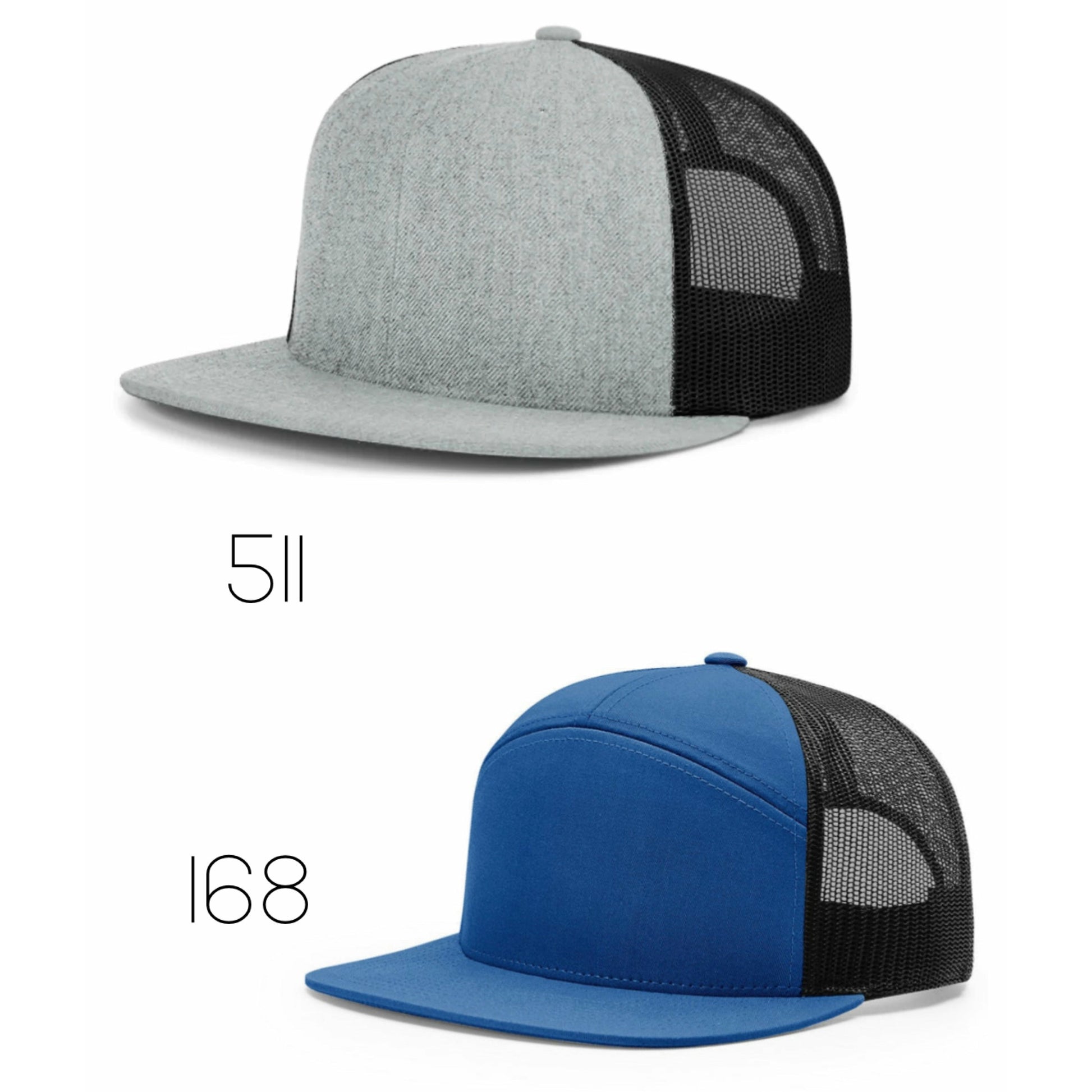 Richardson 511 Flat bill wool front with snapback mesh back (runs large). Richardson 168 Flat bill - 7 panel hat with snapback mesh back.